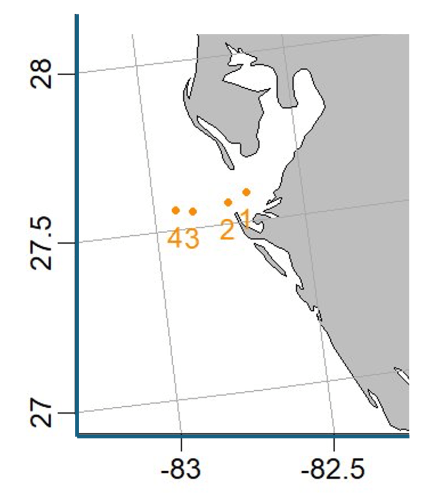 A map showing the west coast of Florida (in gray) around Tampa Bay with the ocean area white. Sampling locations are indicated by orange numbered dots.